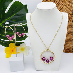 Set Of Round Earrings And Necklace With Triple Pearls On Each Circle In Different Colors And Styles