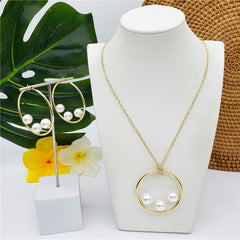 Set Of Round Earrings And Necklace With Triple Pearls On Each Circle In Different Colors And Styles