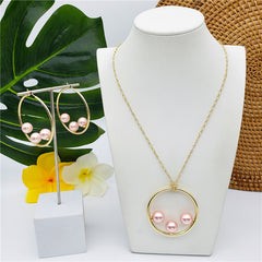 Set Of Round Earrings And Necklace With Triple Pearls On Each Circle In Different Colors And Styles