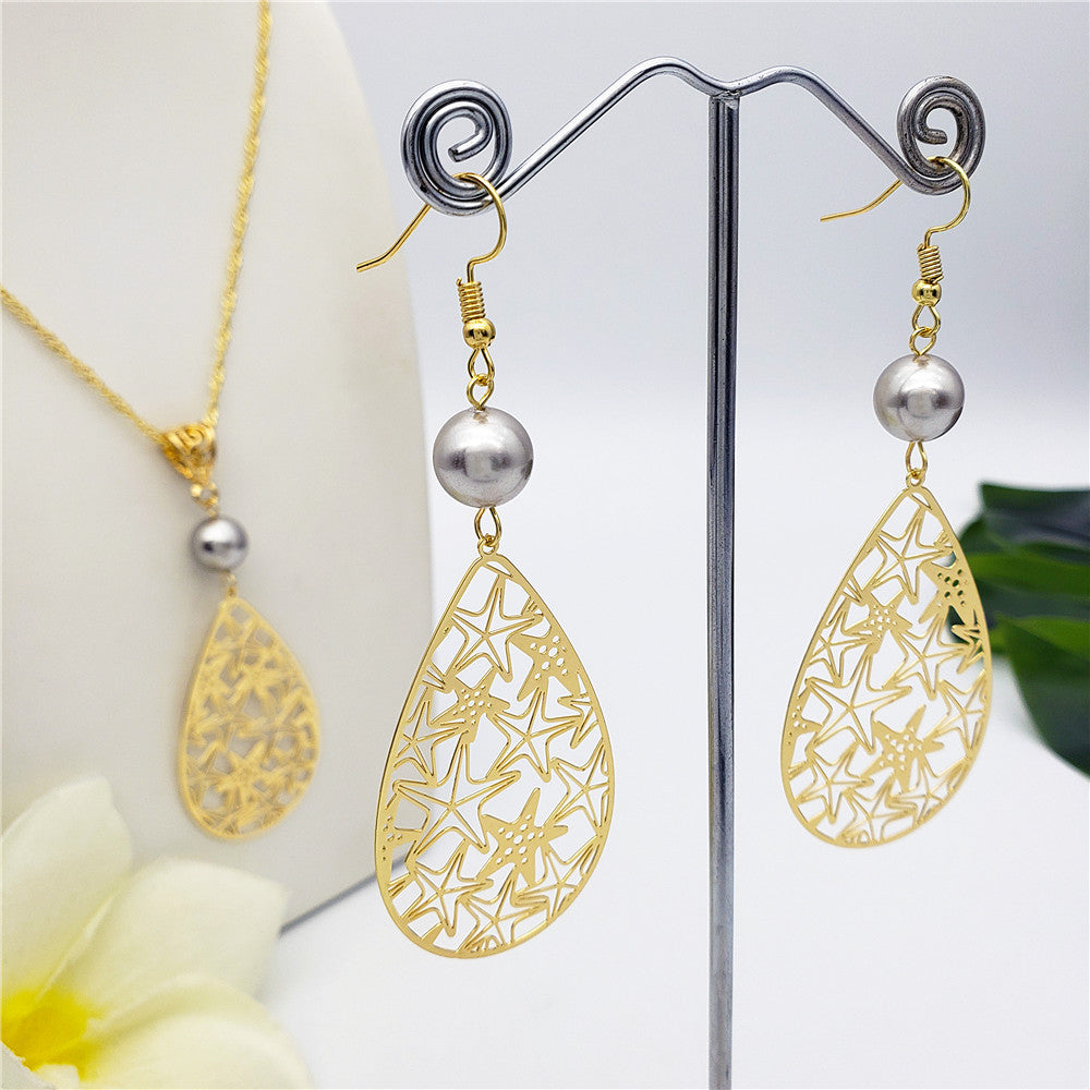 Set Of Carved Starfish Teardrop Earrings And Necklace Sustained With A Pearl In Different Colors