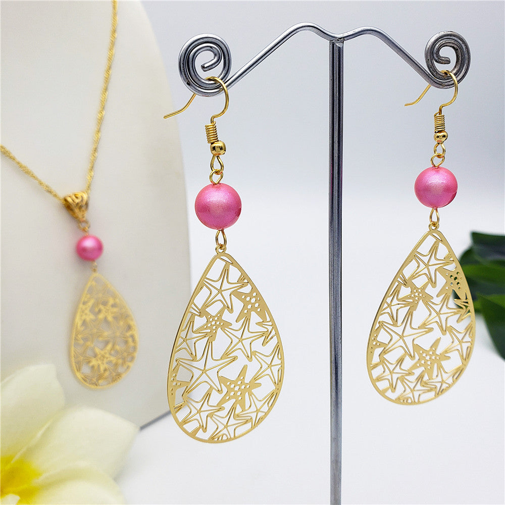 Set Of Carved Starfish Teardrop Earrings And Necklace Sustained With A Pearl In Different Colors