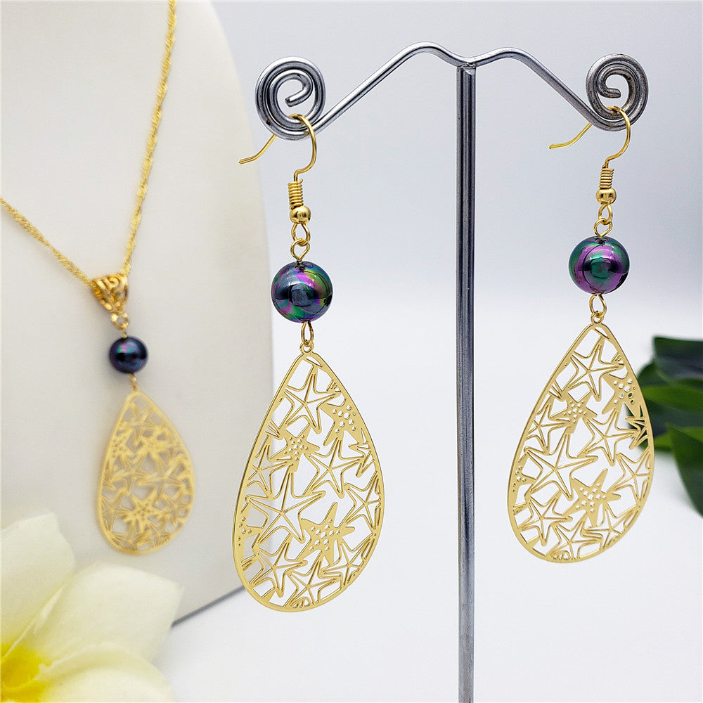 Set Of Carved Starfish Teardrop Earrings And Necklace Sustained With A Pearl In Different Colors