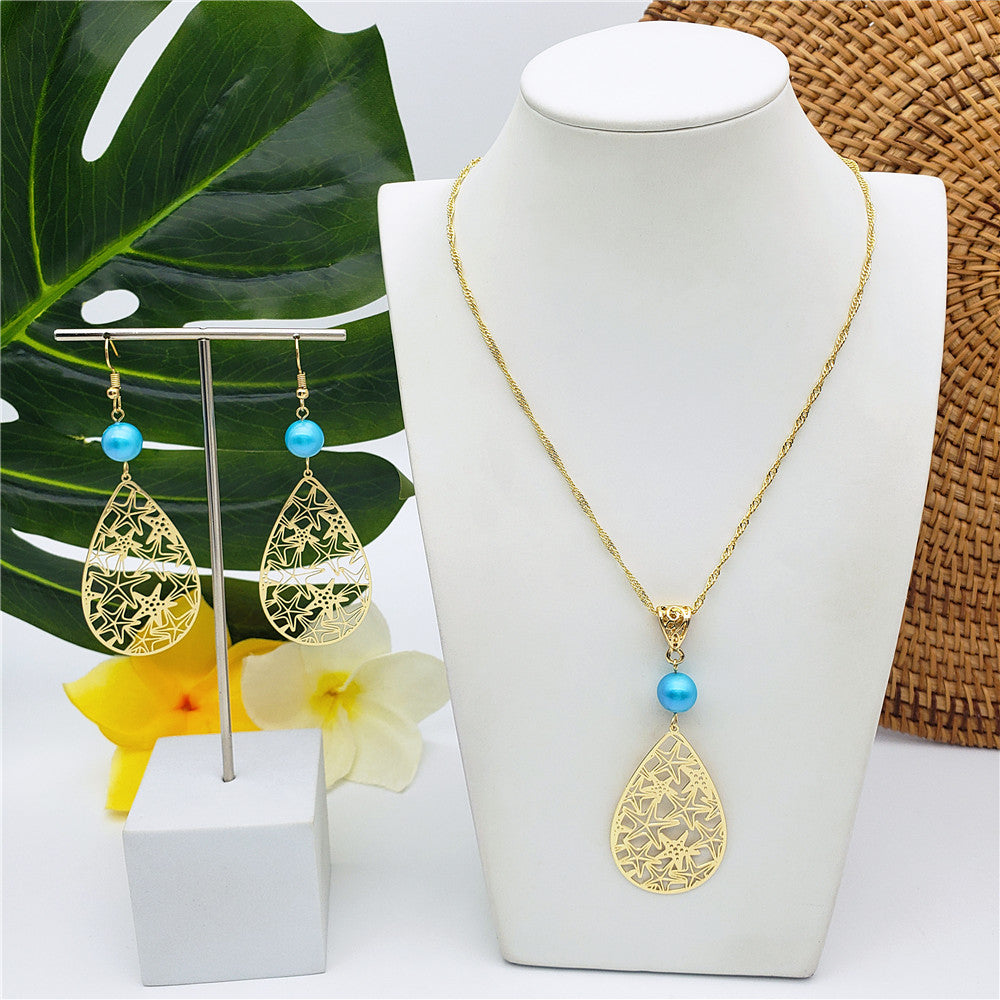 Set Of Carved Starfish Teardrop Earrings And Necklace Sustained With A Pearl In Different Colors