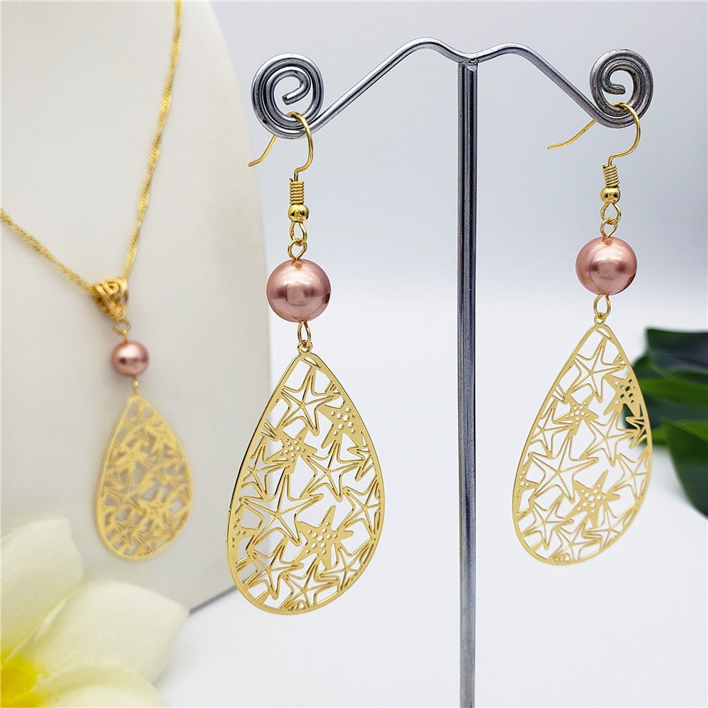 Set Of Carved Starfish Teardrop Earrings And Necklace Sustained With A Pearl In Different Colors