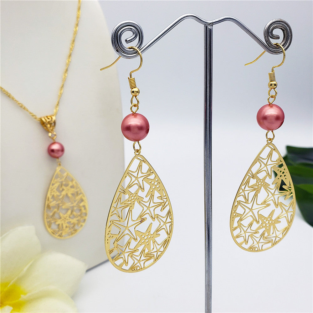 Set Of Carved Starfish Teardrop Earrings And Necklace Sustained With A Pearl In Different Colors