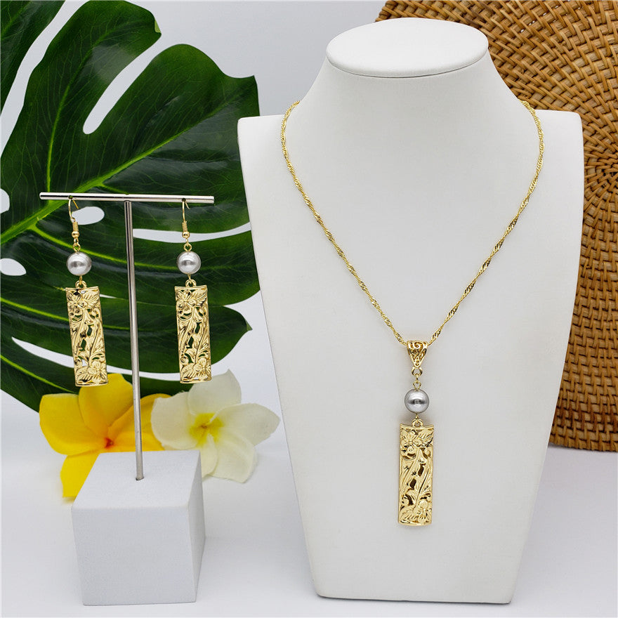 Set Of Carved Blooming Flowers & Leaves Bar Drop Earrings And Necklace Sustained With A Pearl In Different Colors