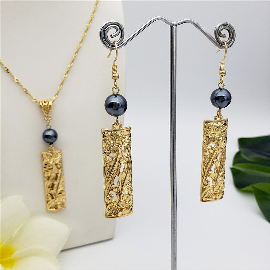 Set Of Carved Blooming Flowers & Leaves Bar Drop Earrings And Necklace Sustained With A Pearl In Different Colors