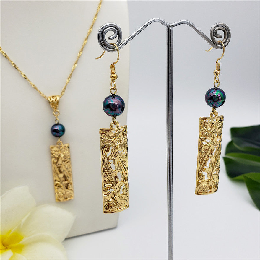 Set Of Carved Blooming Flowers & Leaves Bar Drop Earrings And Necklace Sustained With A Pearl In Different Colors