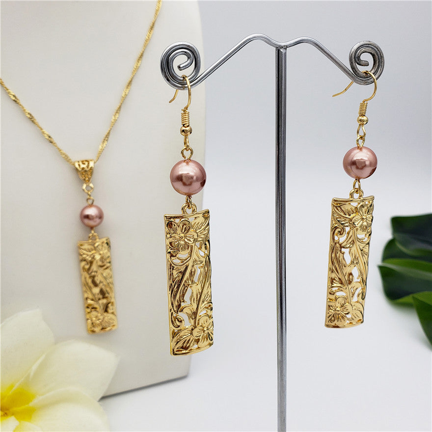 Set Of Carved Blooming Flowers & Leaves Bar Drop Earrings And Necklace Sustained With A Pearl In Different Colors