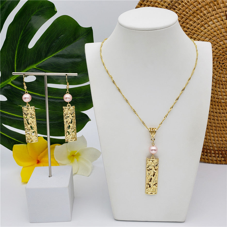 Set Of Carved Blooming Flowers & Leaves Bar Drop Earrings And Necklace Sustained With A Pearl In Different Colors