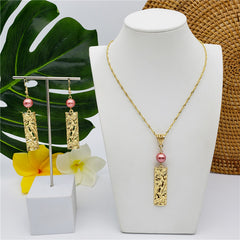 Set Of Carved Blooming Flowers & Leaves Bar Drop Earrings And Necklace Sustained With A Pearl In Different Colors