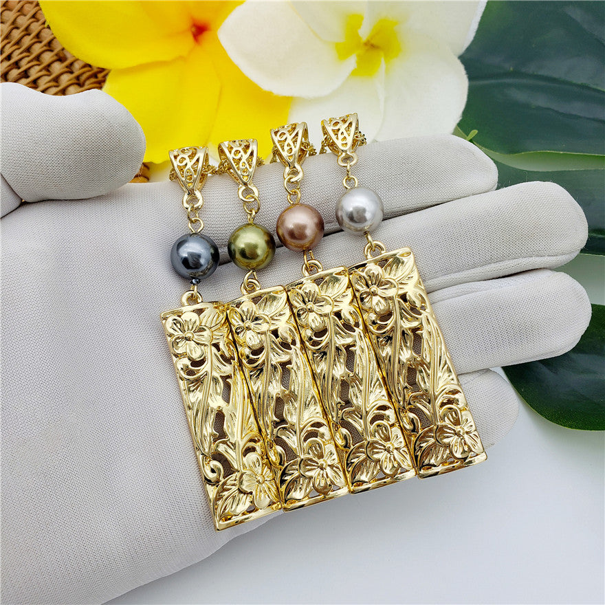 Set Of Carved Blooming Flowers & Leaves Bar Drop Earrings And Necklace Sustained With A Pearl In Different Colors