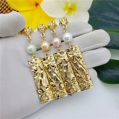 Set Of Carved Blooming Flowers & Leaves Bar Drop Earrings And Necklace Sustained With A Pearl In Different Colors