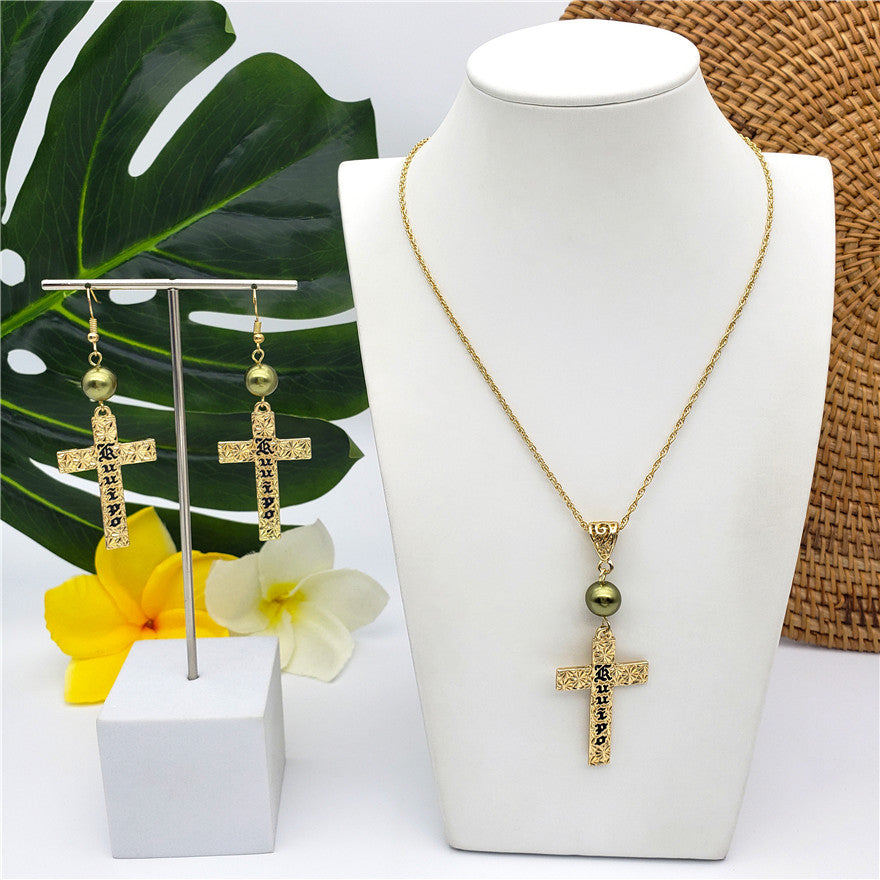 Set Of Engraved "Kuuipo" Carved Cross Earrings And Necklace Sustained With A Pearl In Different Colors