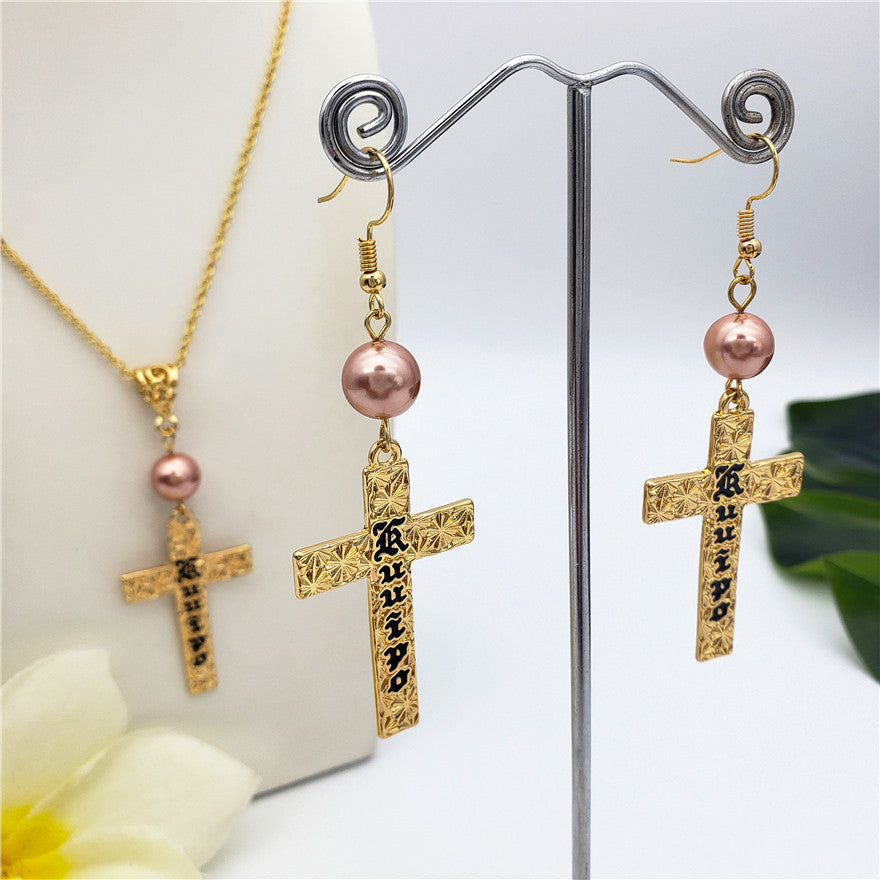 Set Of Engraved "Kuuipo" Carved Cross Earrings And Necklace Sustained With A Pearl In Different Colors