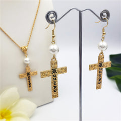 Set Of Engraved "Kuuipo" Carved Cross Earrings And Necklace Sustained With A Pearl In Different Colors