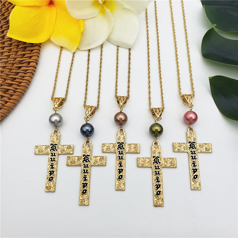 Set Of Engraved "Kuuipo" Carved Cross Earrings And Necklace Sustained With A Pearl In Different Colors