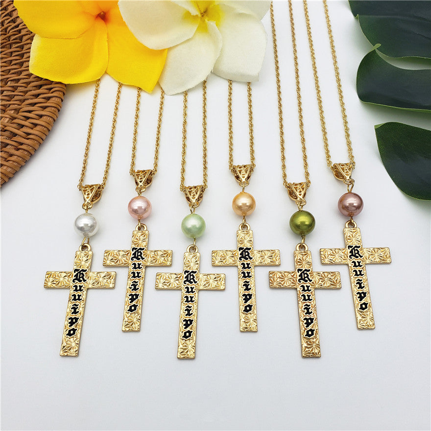 Set Of Engraved "Kuuipo" Carved Cross Earrings And Necklace Sustained With A Pearl In Different Colors