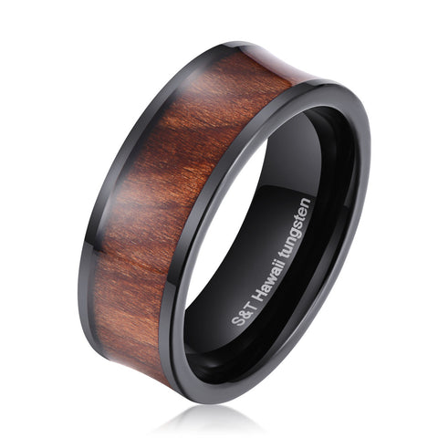 Hawaiian Black Tungsten Ring With Koa Wood Inlay