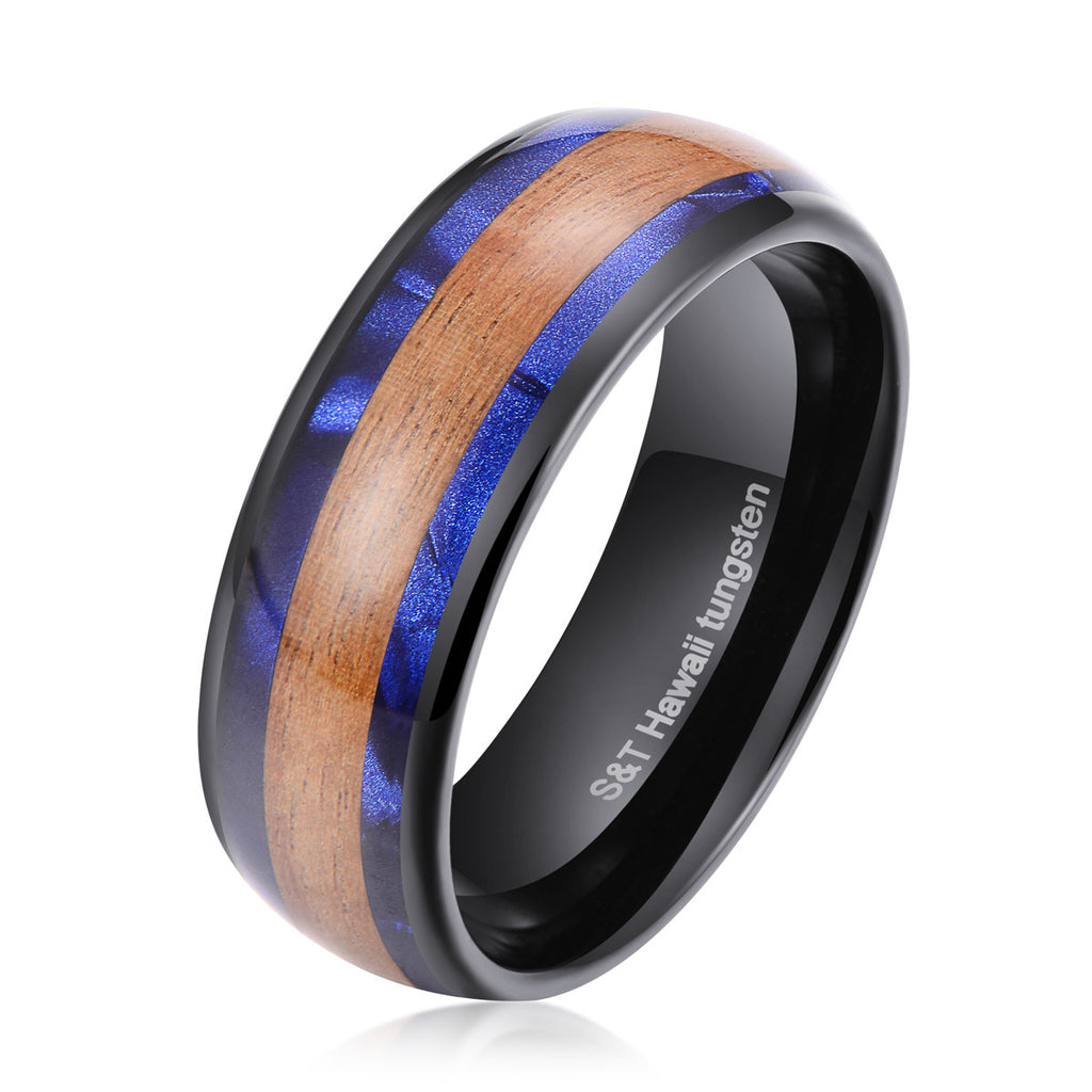 Hawaiian Koa & Blue Wood Inlay Tungsten Ring In 2 Colors