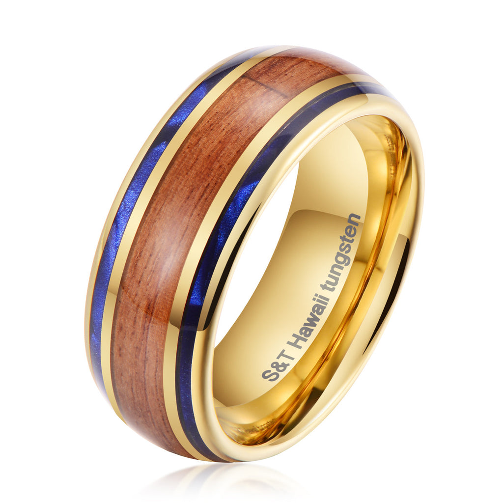 Hawaiian Koa & Blue Wood Inlay Tungsten Ring In 2 Colors