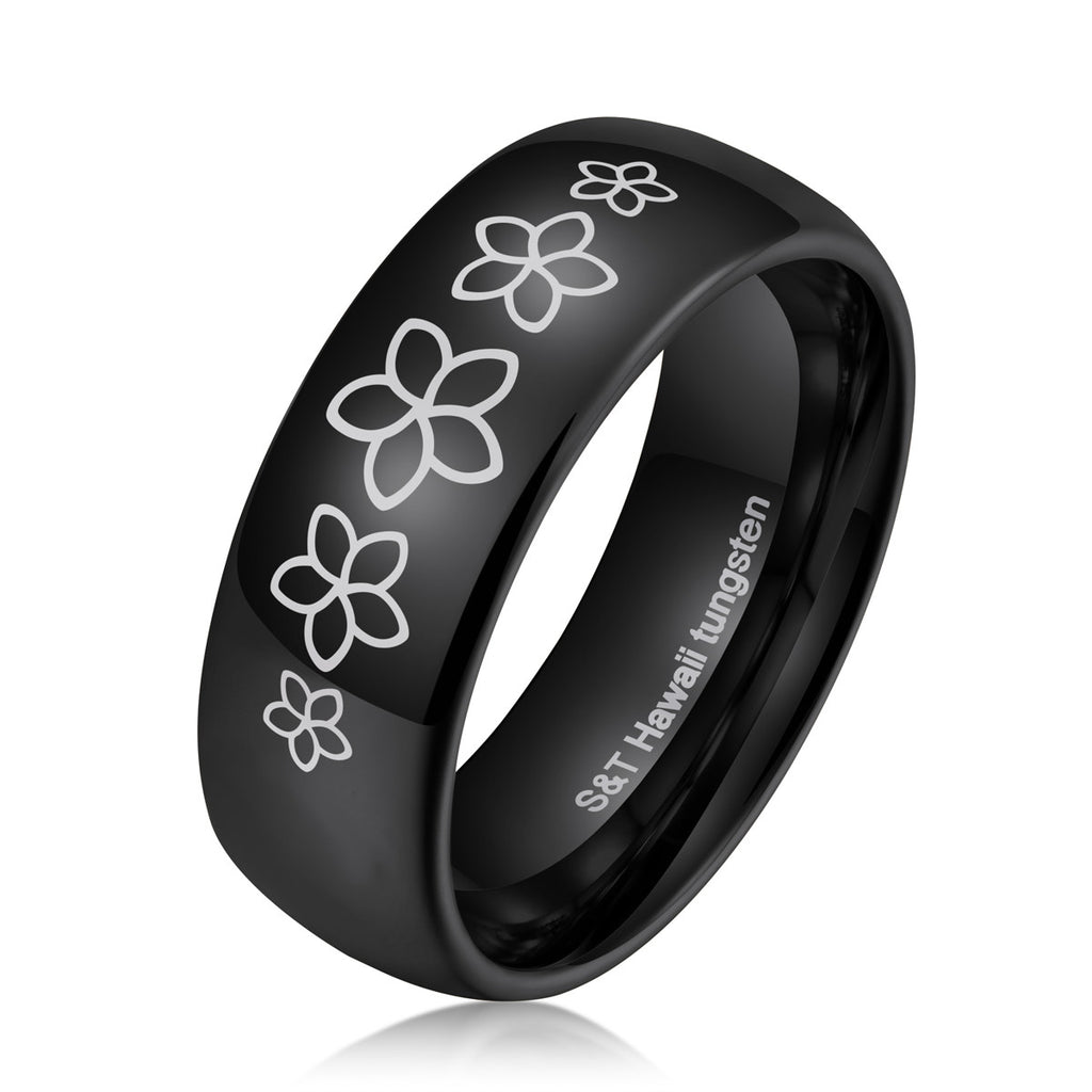 Hawaiian Plumeria Flower Design Tungsten Ring In Different Colors